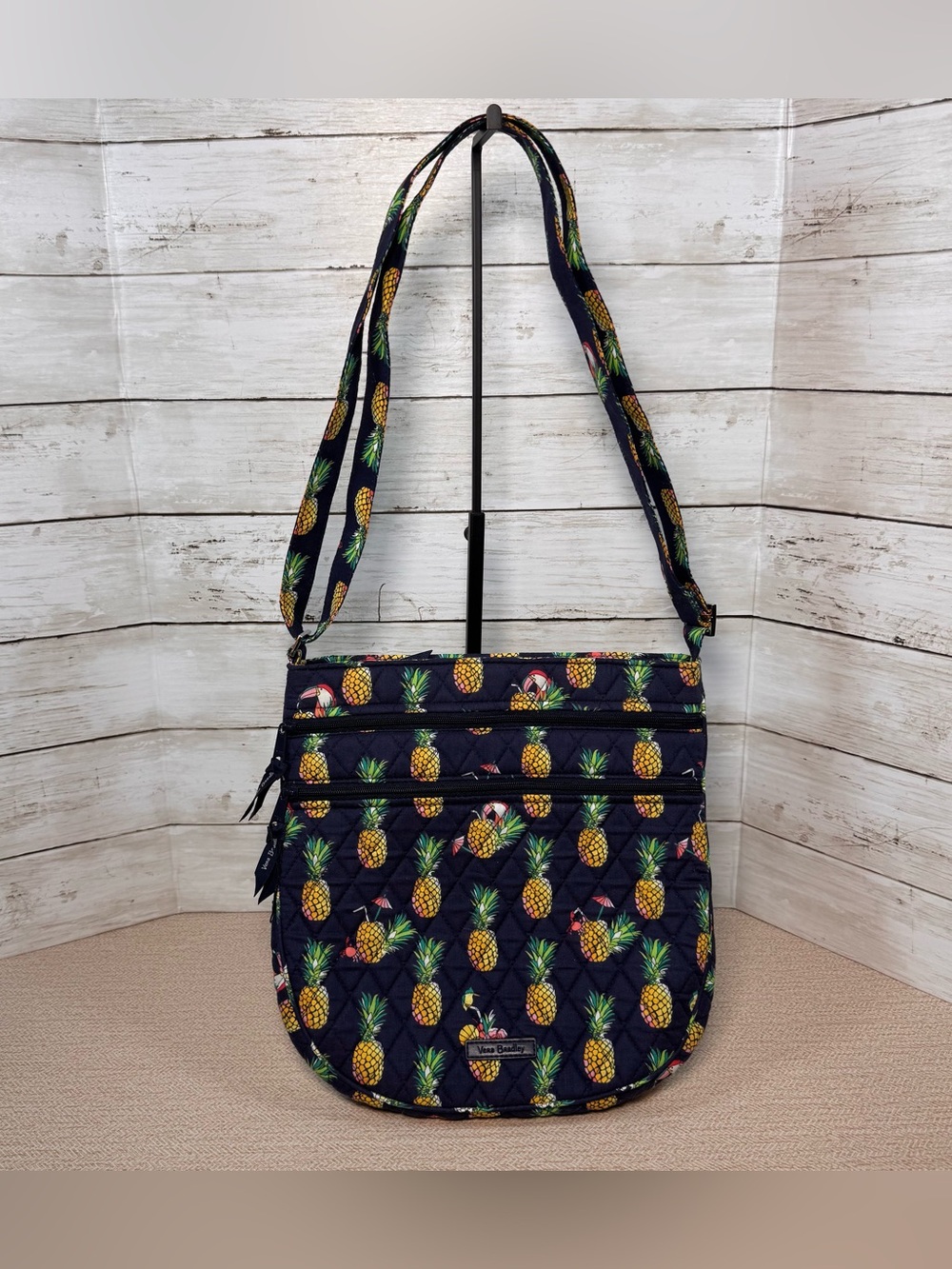 Vera Bradley Toucan Party Crossbody Bag Pineapple Navy Quilted 3-Zip NWOT